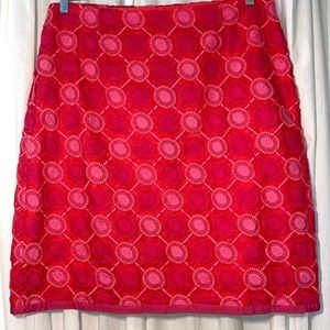 Boden pink/red geo/floral embroidered organza w/grosgrain ribbon hem skirt